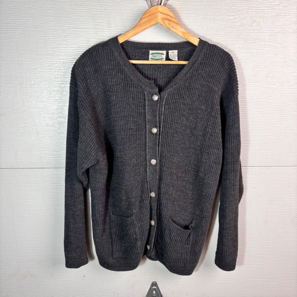 1990s Separate Issue Grandpa Cardigan Charcoal Gray Jeweled Button Sweater L